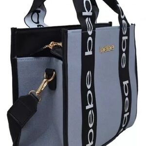 Bebe Handbag Hana Canavs Denim Small Tote Black White Crossbody Purse Womens New